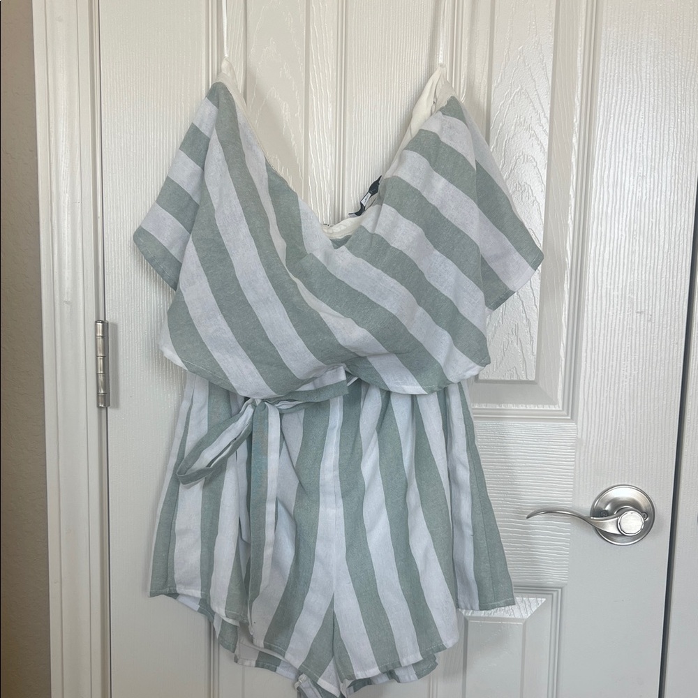 Striped Green & White Strapless Tie Front Romper